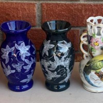 Westmoreland Grape Milk Glass Lidded Dish, Japanese Porcelain Vase, (2) Ceramic Vases