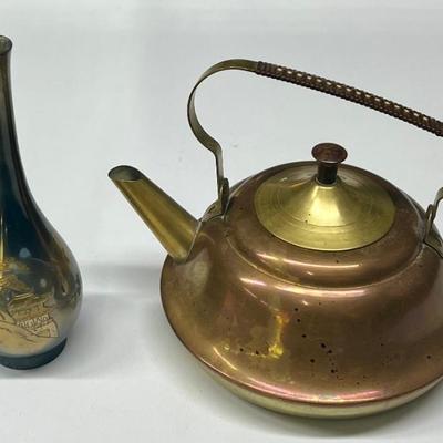 Vintage Made In Holland Brass And Copper Tea Pot With An Etched Japanese Brass Mixed Metal Bud Vase