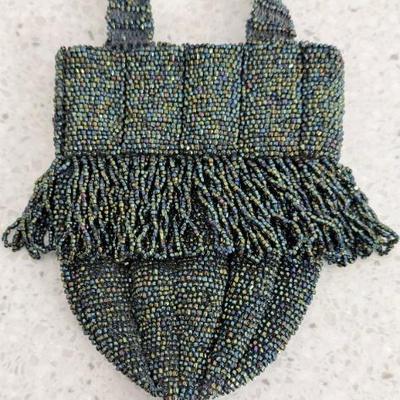Antique Aurora Borealis Seed Bead Art Deco Purse With Fringe And Hand Crochet Lining