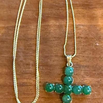 14k Gold 585 18 Inch Chain And 14k & Jade Stone Cross