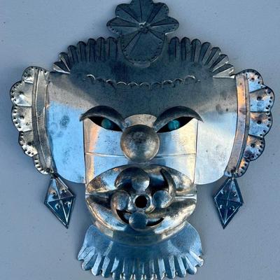 Mexico Folk Art Hammered Tin Mask With Glass Marble Eyes