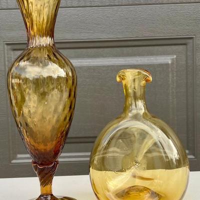 Vintage Hand Blown Amber Art Glass Pinched Decanter And A 12.5" Amber Glass Vase