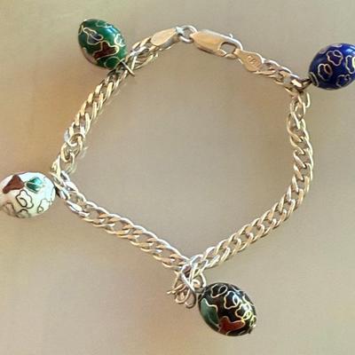 Sterling Silver And Enamel Egg 7 Inch Charm Bracelet - 10.68 Grams