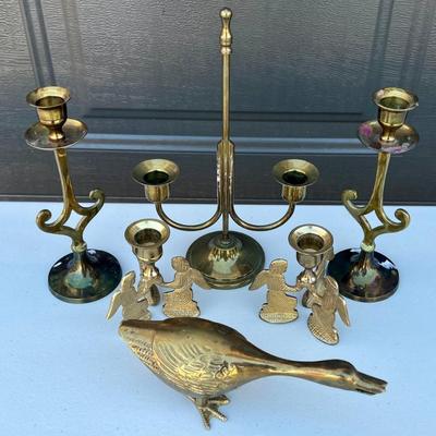 Vintage Brass Lot - Angel And Candle Holders, Solid Brass Duck