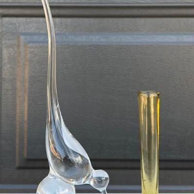 11" Clear Viking Glass Style Long Tail Bird And A 5.25" Amber Controlled Bubble Art Glass Bud Vase