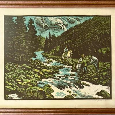 Vintage Signed Block Print Horseback Landscape In Glass Front Wood Frame (as Is)
