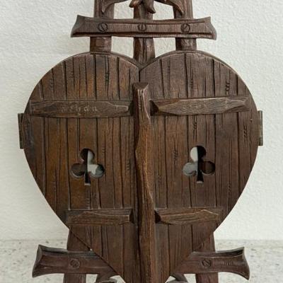 Antique Hand Carved Wood Heart Folding Picture Frame With Antique Photo