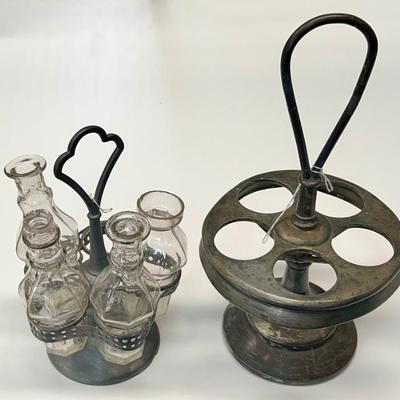 Vintage Partial Pewter Cruet Set And A Middletown Triple Plate Cruet Stand (as Is)