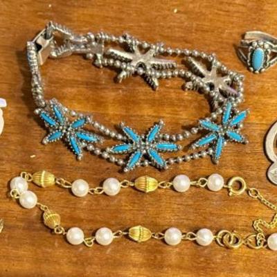 Costume Jewelry - Agate Stick Pin - Faux Turquoise Bracelet - Sterling Ring As Is