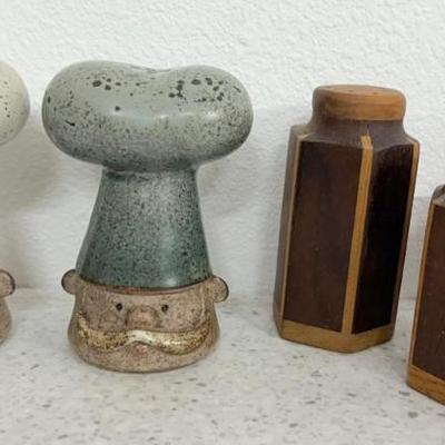 Pair Of Pottery Chef Salt And Pepper Shakers And (3) Wood Salt And Pepper Shakers