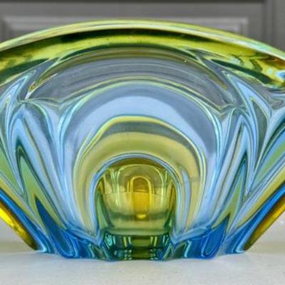 Vintage 12" Murano Style Art Glass Blue And Yellow Heavy Bowl