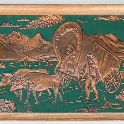 Vintage Hammered Copper Relief Covered Carriage And Ox In Frame