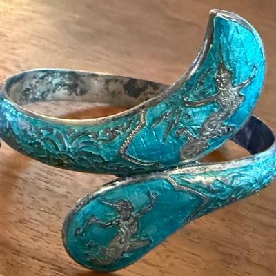Vintage Siam Sterling Silver And Enamel Bangle Bracelet - 30.19