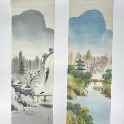 (2) Vintage Japanese Silk Wall Hanging Scrolls ( As Is )