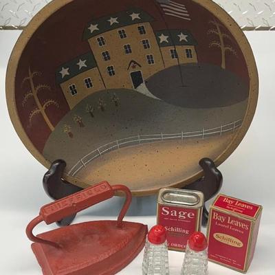 Americana Bowl, Schefield Cast Iron Sad Iron, Schilling Spice Boxes, And Glass Salt And Pepper