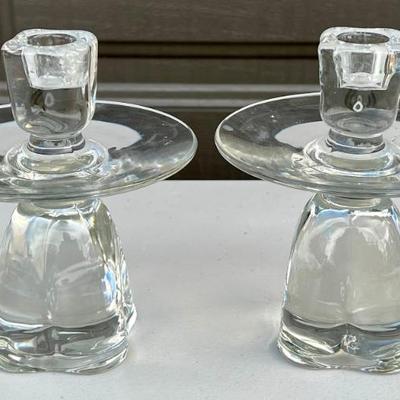 Pair Of Stuben Style Heavy Glass Suspended Candle Holders