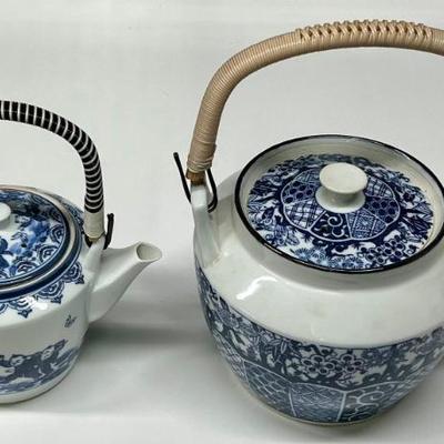 (2) Japanese Style Porcelain Blue & White Teapots With Woven Handles