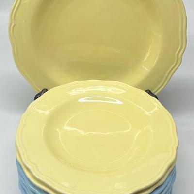 (9) Blue And Yellow Emily Microwavable Ceramic Salad Plates And Dinner Plate