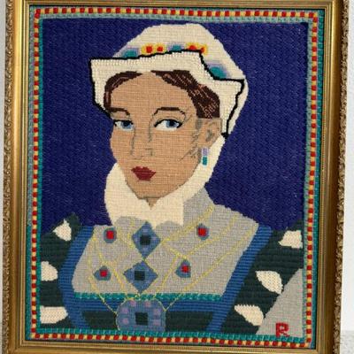 Vintage Needle Point Portrait With Ornate Gold Frame