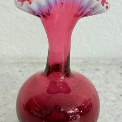 Antique Cranberry Glass Crimped Opalescent Ruffle Top Vase