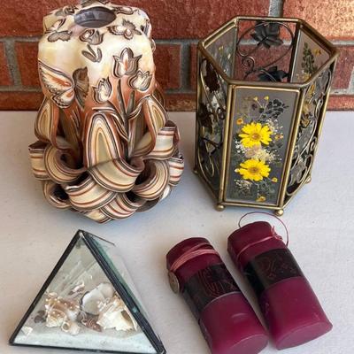 Floral Wax Candle, Tealight Candle Holder, Glass Seashell Shadow Box & A Pair Of Red Candles
