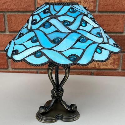 Pretty Blue Stained Glass Candle Holder With Bronze Tone Metal Base & Candle