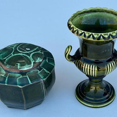 Glazed Green Pottery Urn Vase With A Small Lidded Pottery Dish