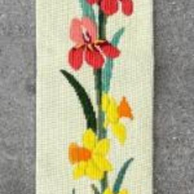 Vintage Cross Stitch Floral Tapestry Bell Pull With Ornate Brass Hangers Made In Italy