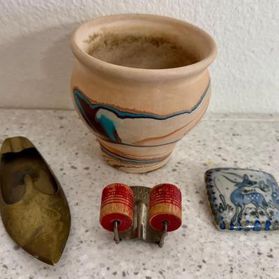 Nemadgi Pot, Mexico Pottery Pin, Broom Holder, And A Brass Thailand Shoe Ashtray