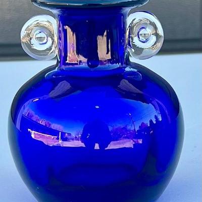 Small Cobalt Blue 5" Glass Vase With Clear Handles