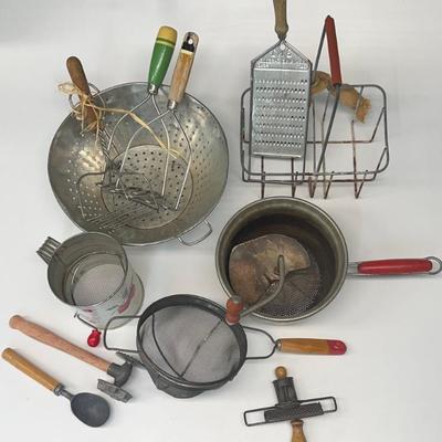 Vintage And Antique Kitchenware Lot - Brom Ell's Sifter, Mashers, Grater, Lighting Shredder, Colander, Etc.
