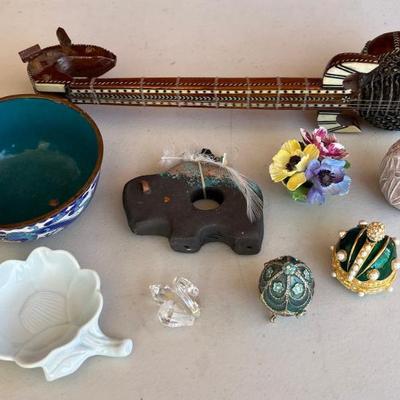 Eclectic Lot - Cloisonne Brass Bowl, Monet Enamel Trinket Box, Signed Egg, Signed Bison, & More