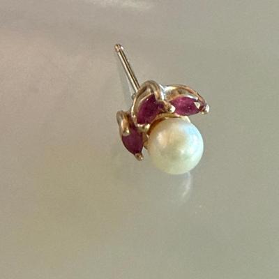 Single 14k Gold, Pearl And Ruby Post Earring
