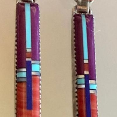Lee Charley Sterling Silver Navajo Inlay Earrings - 5.83 Grams