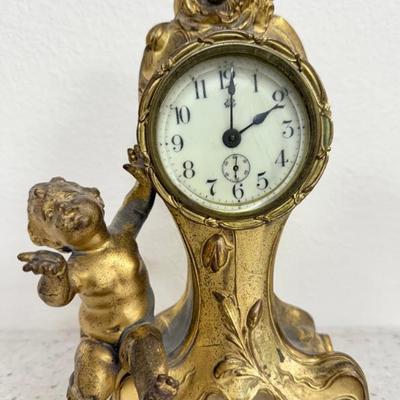 Antique Jenning's Brothers Art Nouveau Cherub Brass Mantle Clock