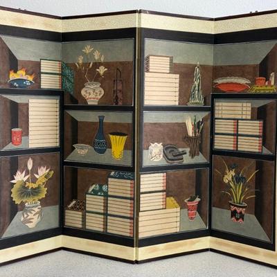 Vintage Large Korean Chekgeori Books And Scholars Possesions 4 Panel Hand Painted Screen