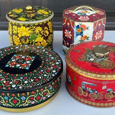 (4) Vintage Decorative Lidded Metal Tins