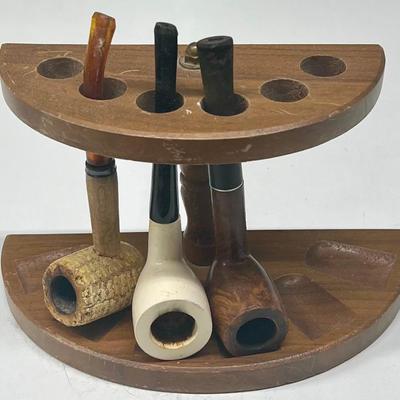 Vintage Wooden Pipe Rack With 3 Pipes - Corn Cob, Meershaum Wood (as Is)