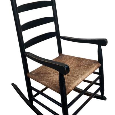 Vintage Slat Back Rocking Chair With Woven Seat