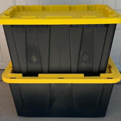 (2) Black & Yellow Storage Totes - HDX & Office Depot 27 Gallon