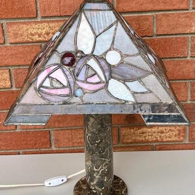 Floral Stained Glass Shade Table Lamp With Stone Base