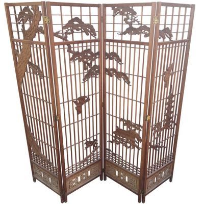 Vintage Japanese Carved Wood 4 Panel Folding Screen