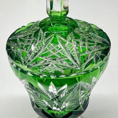 Vintage Bohemian Green Cut To Clear Glass 9.5" Candy Dish