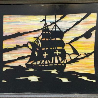 Vintage Framed Sillhouette Felt And Satin Ship In Frame