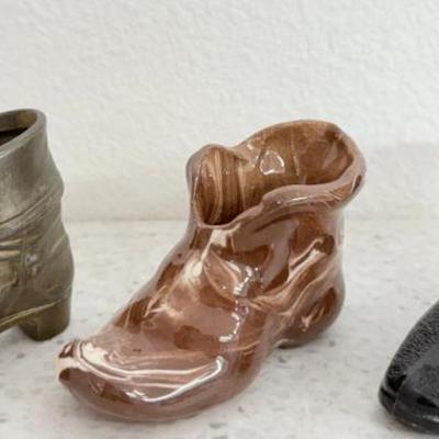 (3) Vintage Miniature Boots - Juanita Wear Slag, Black Glass (as Is), And Victorian Brass