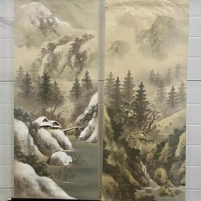 Pair Of Vintage Japanese Wall Hanging Scrolls ( As Is )