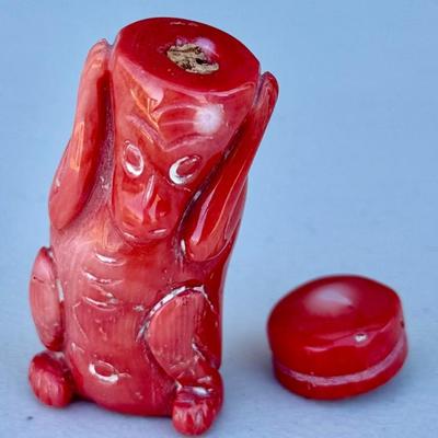 Antique Chinese Hand Carved Coral Snuff Bottle Hear No Evil