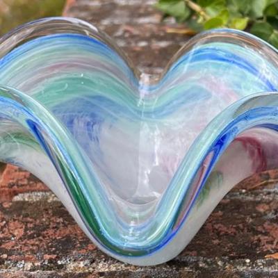 Small Art Glass Multi-color Ruffled Bowl
