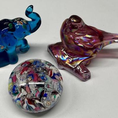 (3) Pieces Of Art Glass - Lenox Elephant, Fenton Bird, And Millefiori Paper Weight (as Is)