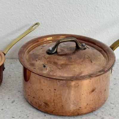 (2) Copper Sauce Pans With Lids And Brass Handles - (1) Made In Portugal